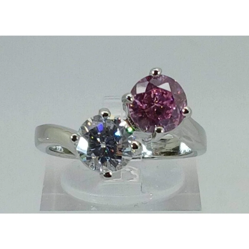 Vintage Toi et Moi 2.0ct Pink and Clear Round Cut Bypass Ring Silver Tone Size 9